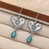 Bohemian Style Hand Carved Synthetic Turquoise Inlaid Heart-shape Dangle Earrings Women Charm Silvery Plated Jewelry Accessories