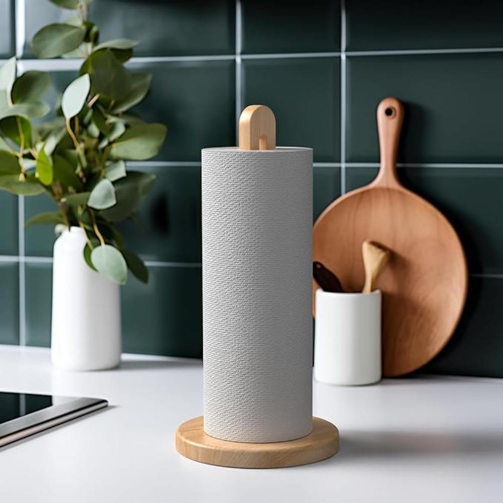 Wooden Standing Paper Towel Holder with Non Slip Pad Design Kitchen Bathroom Countertop Roll Storage Rack Bathroom Accessories