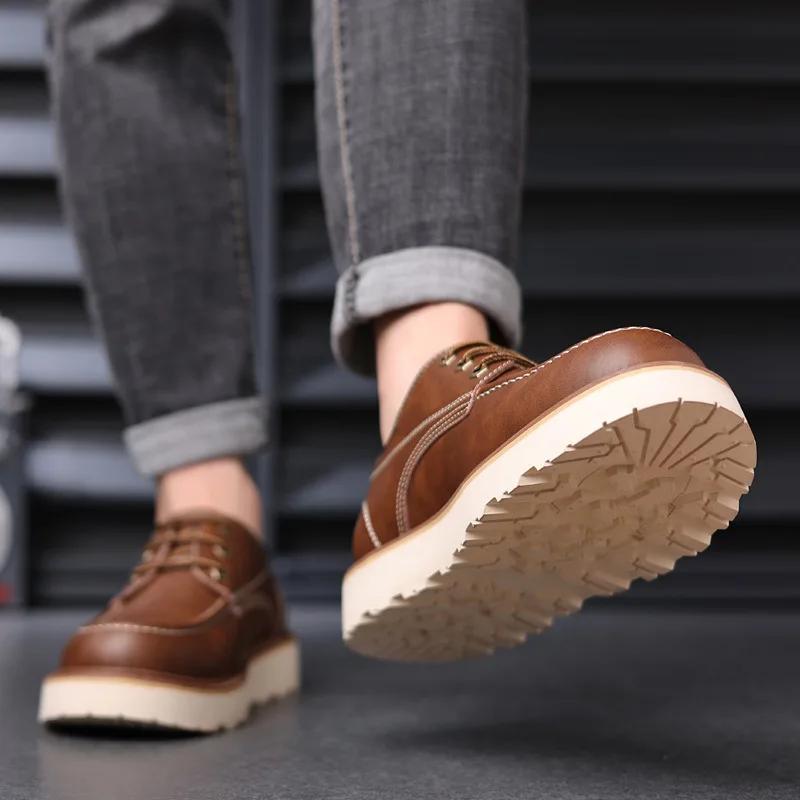Men'S British Style Retro Work Shoes Genuine Leather Thick Sole Heightened Lace-Up Fashion Casual Shoes For Men Outdoor