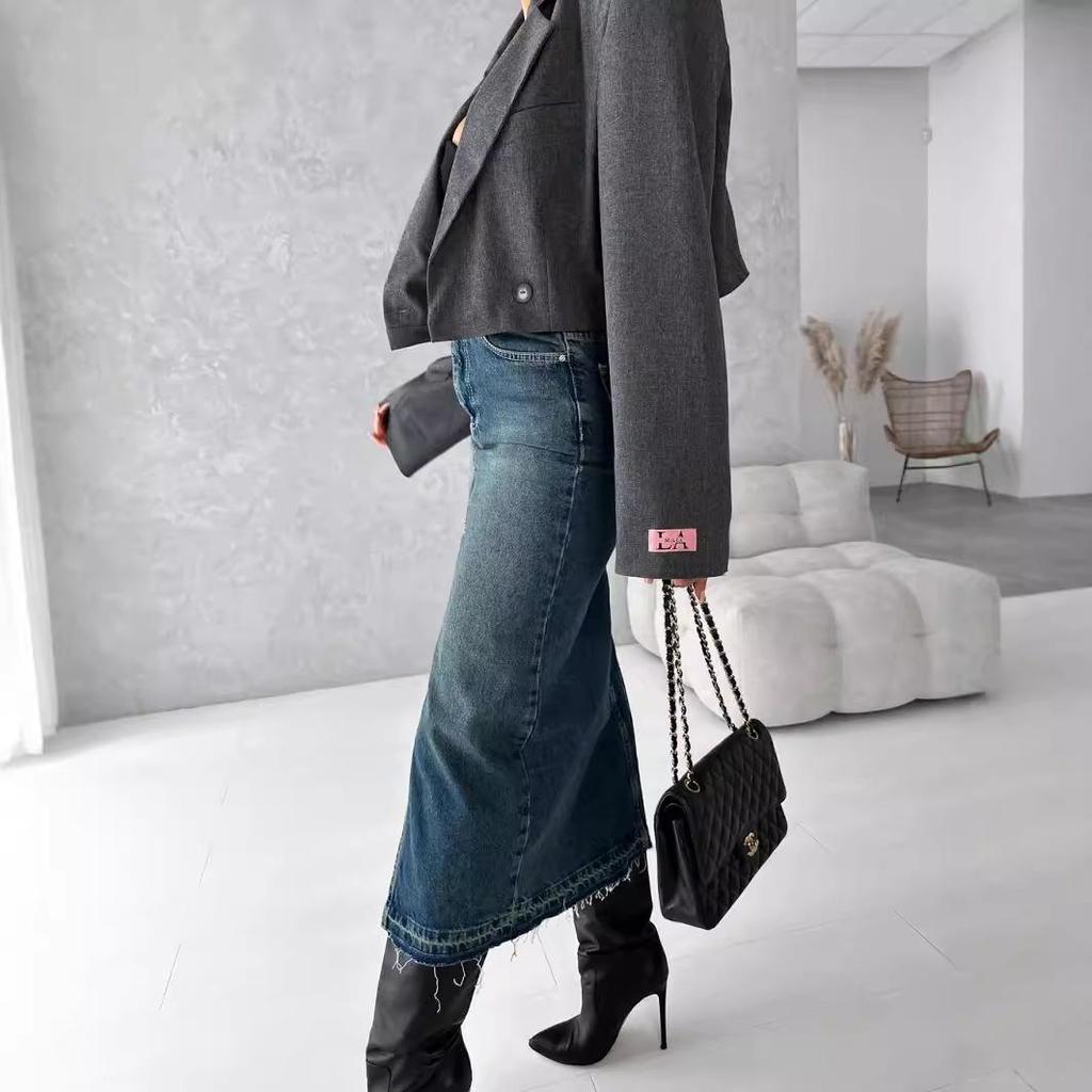 High Waist Washed Denim Slit Skirt - Slim Fit, Mid-length Retro Style for Women