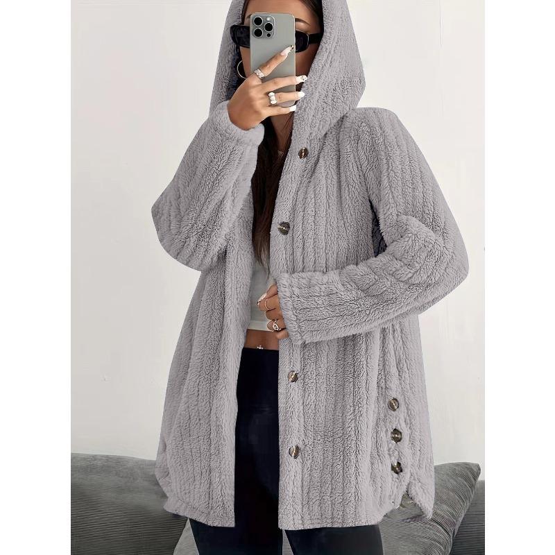 Autumn and Winter Solid Color Long Sleeved Textured Button Hooded Loose Plush Women's Coats