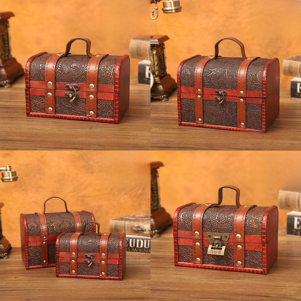 Retro Dragon Pattern Wooden Storage Box With Metal Lock For Storage Desktop