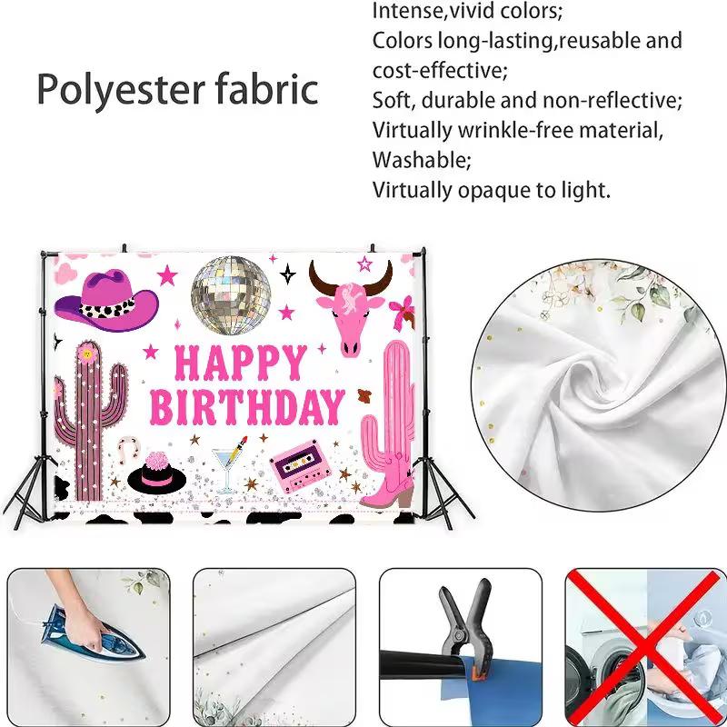2D Pink Cowgirl Disco Birthday Backdrop, Western Cactus Photography Bann