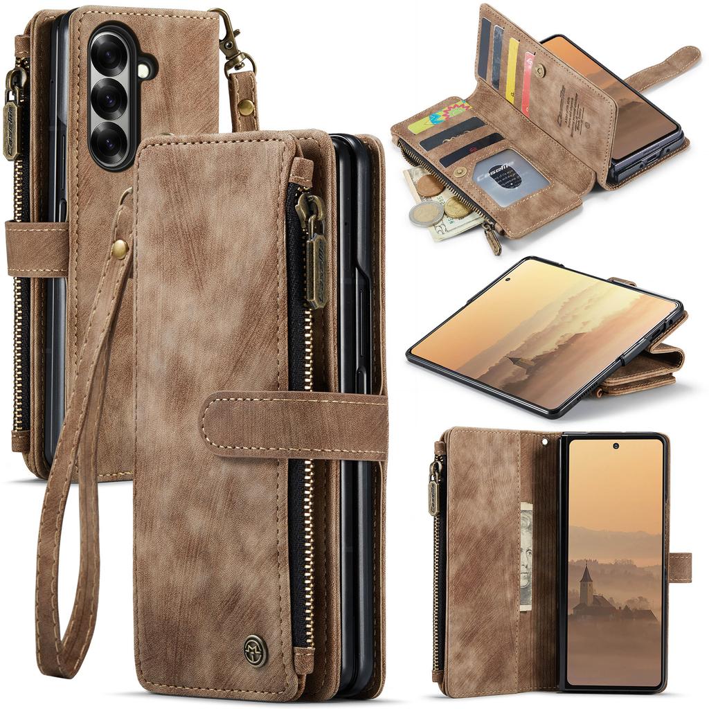 For Samsung Galaxy Z Fold7 5G Phone Cases with Strap CASEME C30 Zipper Multiple Card Holder PU Leather Cover