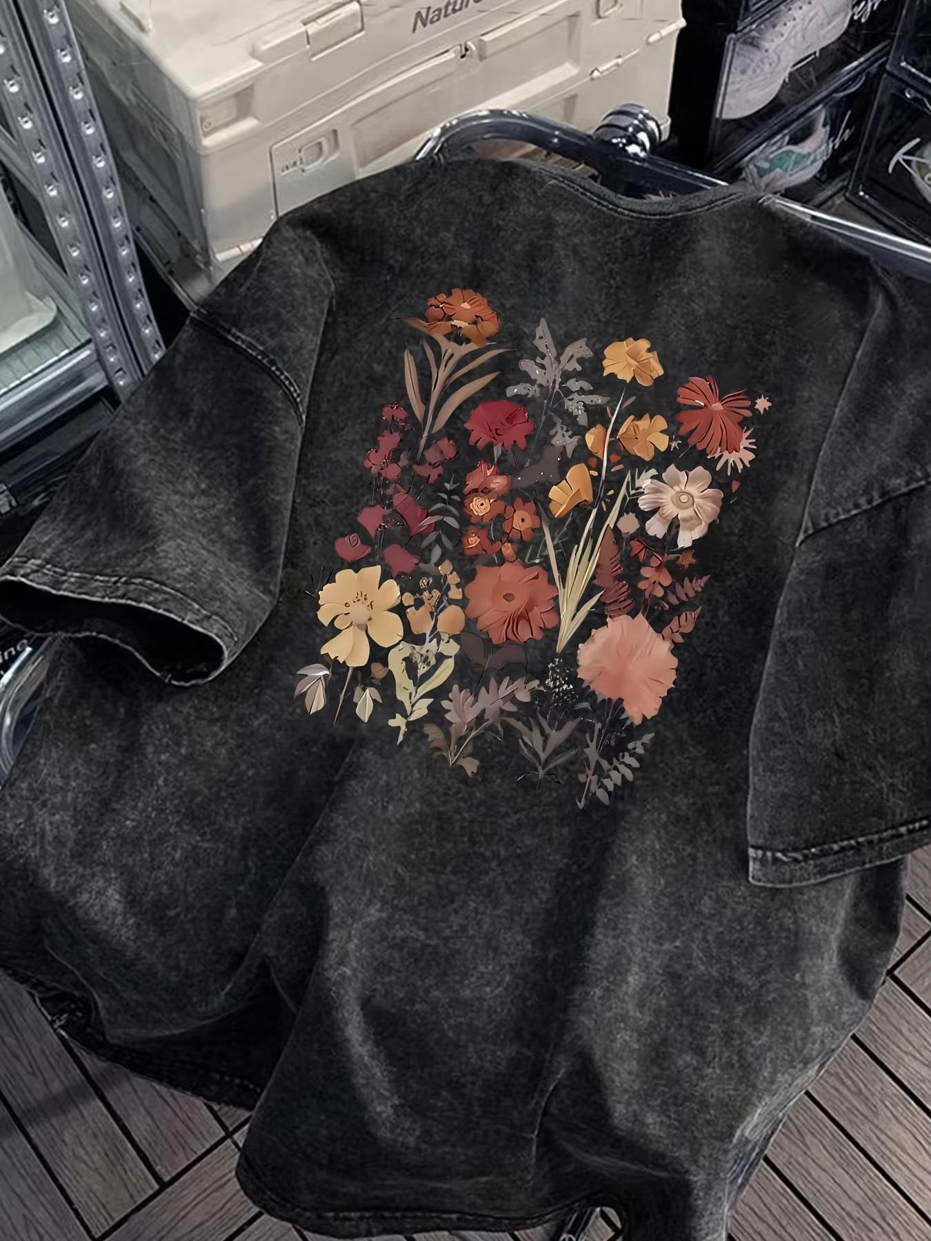 

Summer Washed Unisexs Cotton T Shirt Fashionable Floral Pattern Printing Street Fashion Style Suitable Casual Outings M