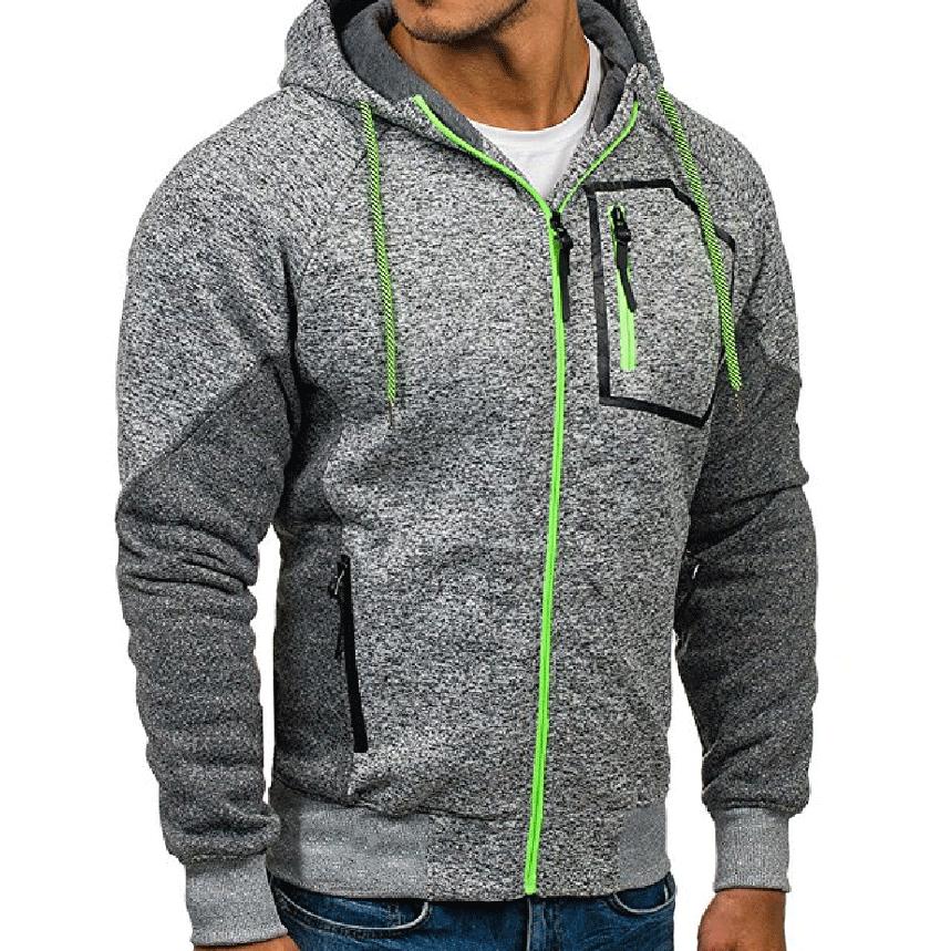 Autumn Winter Men's Hooded Jacket Solid Zipper Sports Pocket Casual Grey Sweatshirt Cardigan Coats