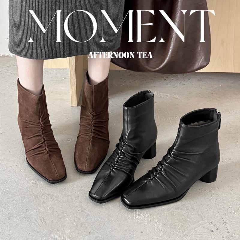 Fashion 2025 Winter Women Shoes Genuine Leather Women Boots Mid-calf Modern Boots Women Solid Med Heel Boots Ladies Shoes Pleated