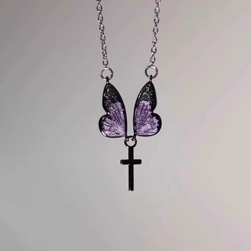 Butterfly Style Natural Drop Oil Necklace With Cross And Wing Design Ladies For