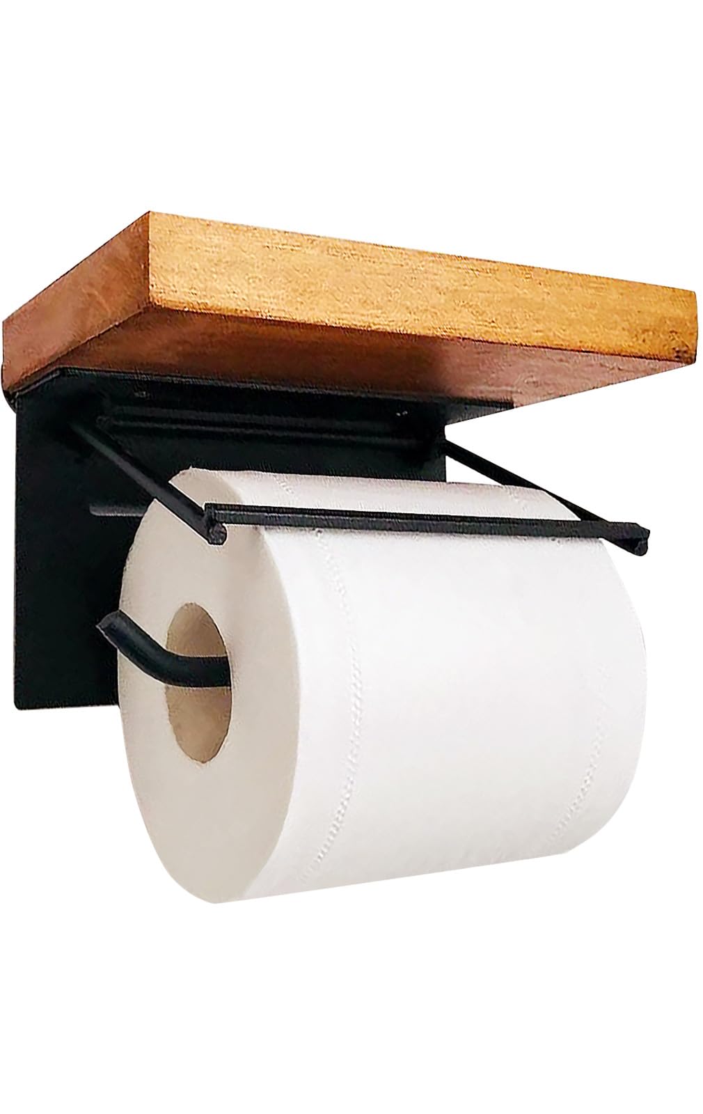 

UB-Lab. Stylish Wooden Toilet Paper Storage Holder Case with Shelf and Hanger, No Glue Required, Screws Included (Single)