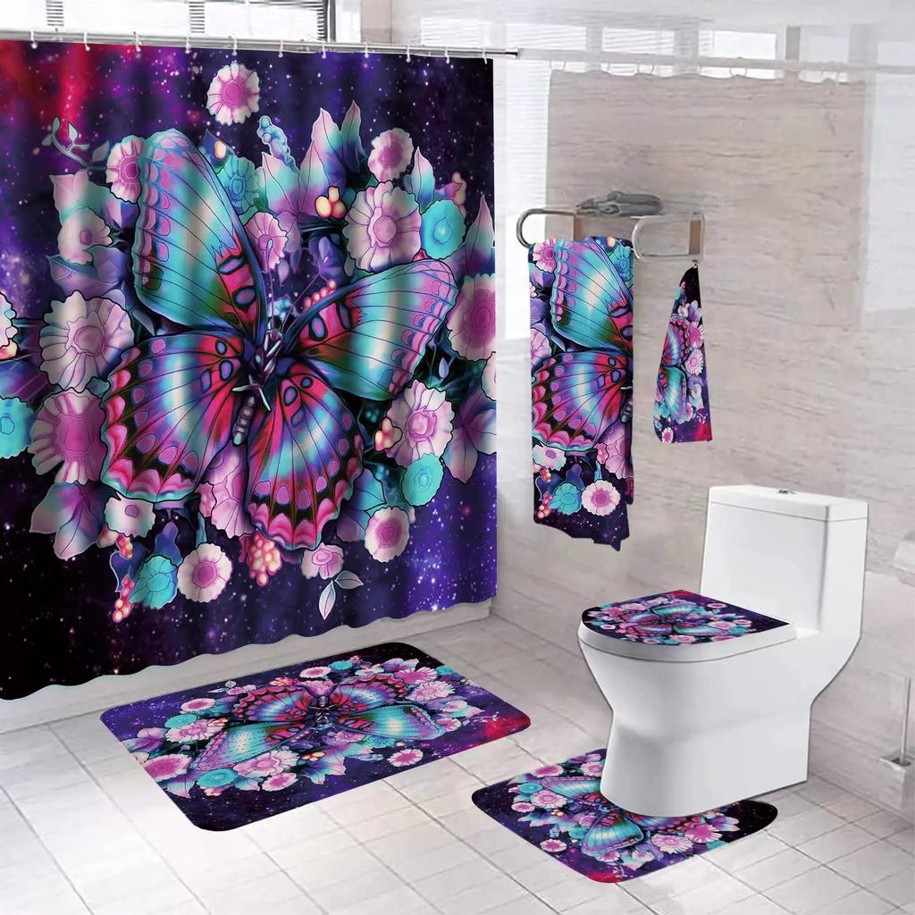Big Butterfly Beautiful Polyester Shower Curtain Set Bathroom Set Waterproof Curtains Bath Mat Set Toilet Lid Cover 4 Pcs Decor