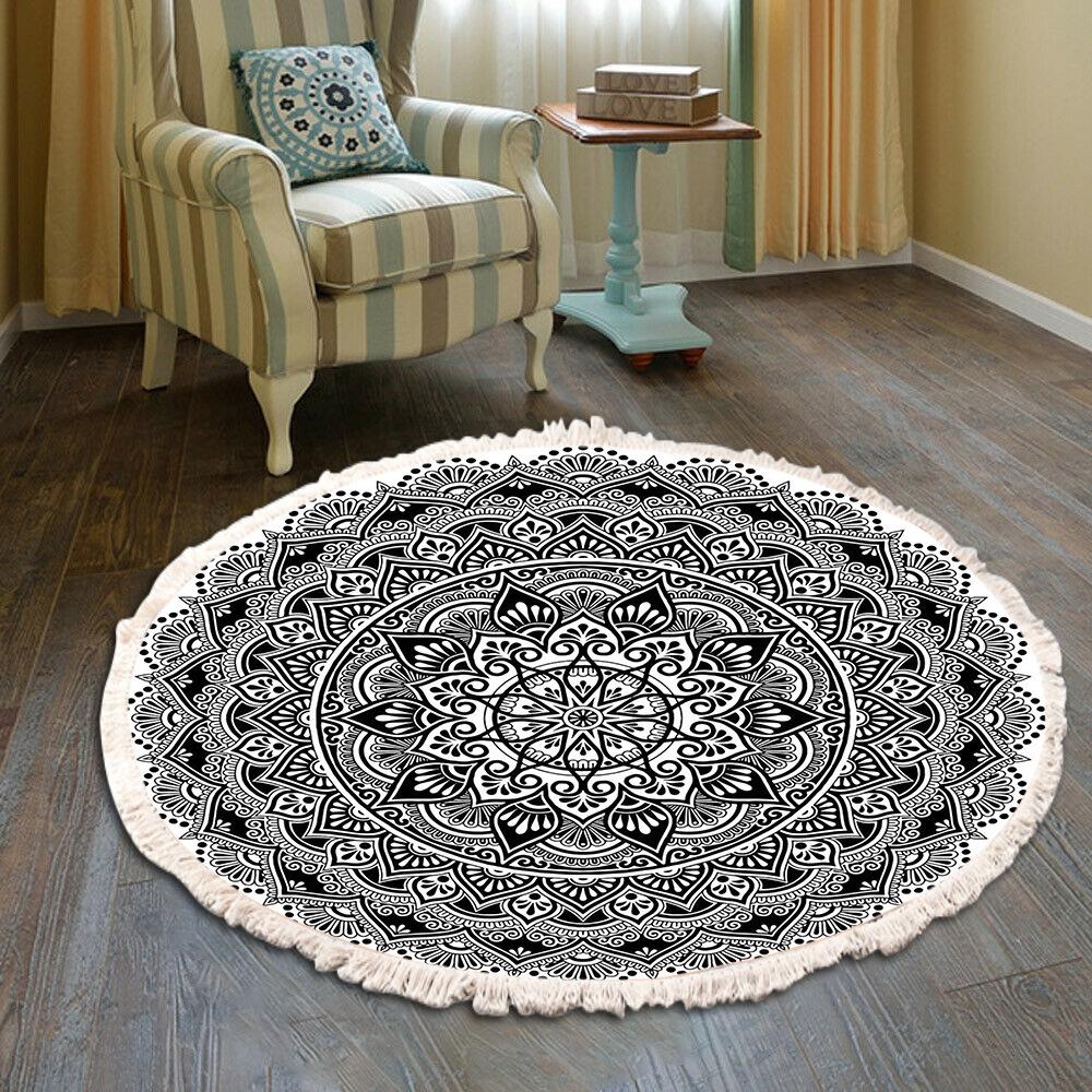 Nordic Cotton and Linen Home Leisure Non-slip Fringed Printed Round Carpet Living Room Floor Mat Bedroom Bedside Blanket