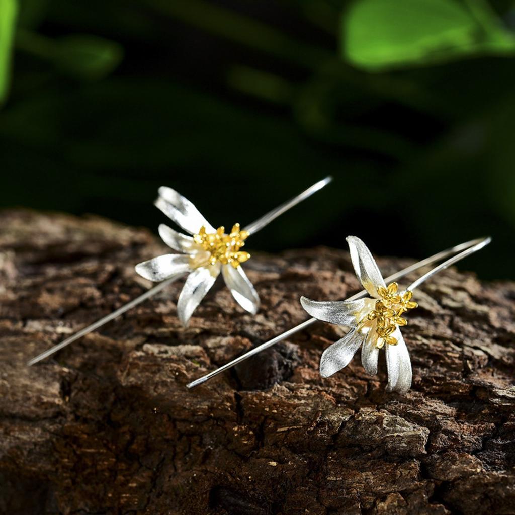 Two Tone Lily Flower Long Threader Drop Earrings Handmade Petal Dangle Ear Rings for Women Elegant Nature Jewelry