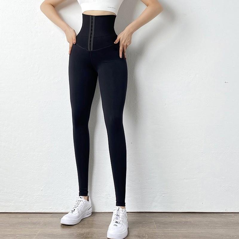 Hot-Stamped Logo Double-Breasted High-Waisted Butt-Lifting Yoga Pants with Waistband Tummy-Control Stretch Fleece-Lined Leggings for Women