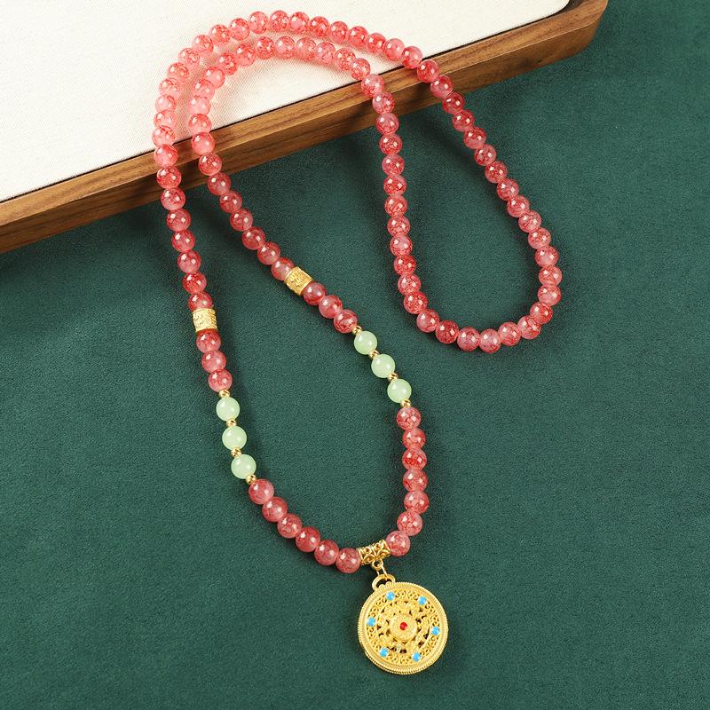 Green glazed agate beaded retro sand gold necklace long sweater chain antique cheongsam accessories women