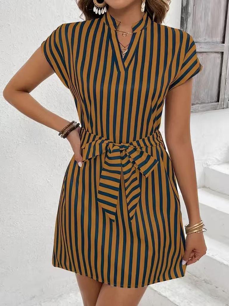 2026 Cross-border Independent Station Amazon 3D Printing European and American Women's Clothing Sleeveless Striped Lace-up V-neck Dress Vacation