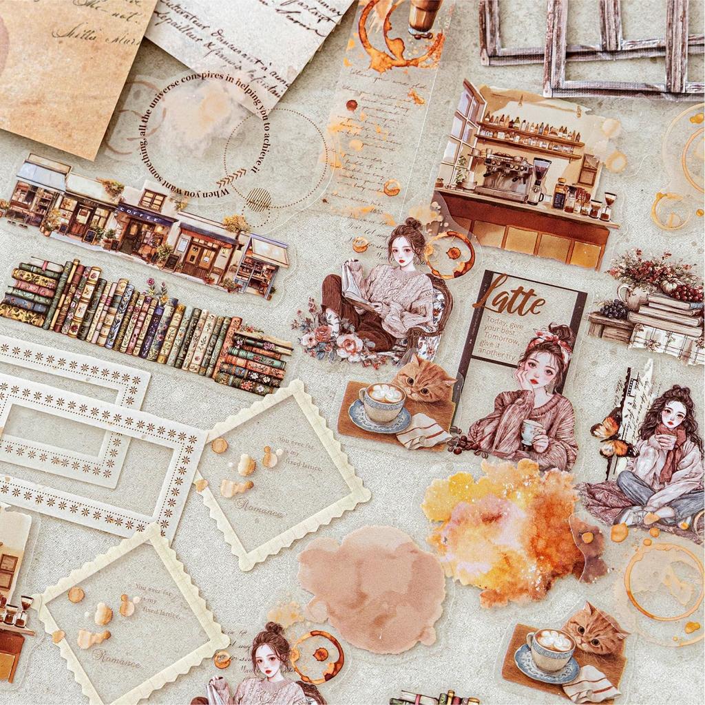 Ta Merry Collage Assorted Flake Design Planner Material Paper Large Retro Background Lots of Cute Vintage Coffee Stickers, Materials, Paper, Stickers,