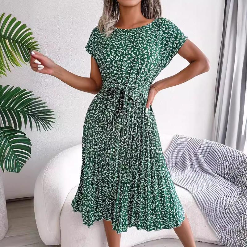 Summer new style printed casual lace-up short-sleeved floral big swing women's dress