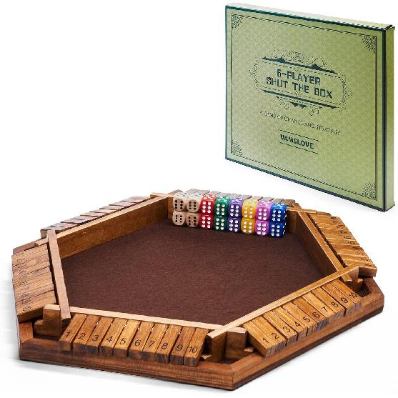 Vamslove Shut The Box Dice Game Wooden Board (L15 X W13) for 1 2 3 4 5 6 Player, 6 Sided 10 Numbers Math Games with 16 Dices for Kids