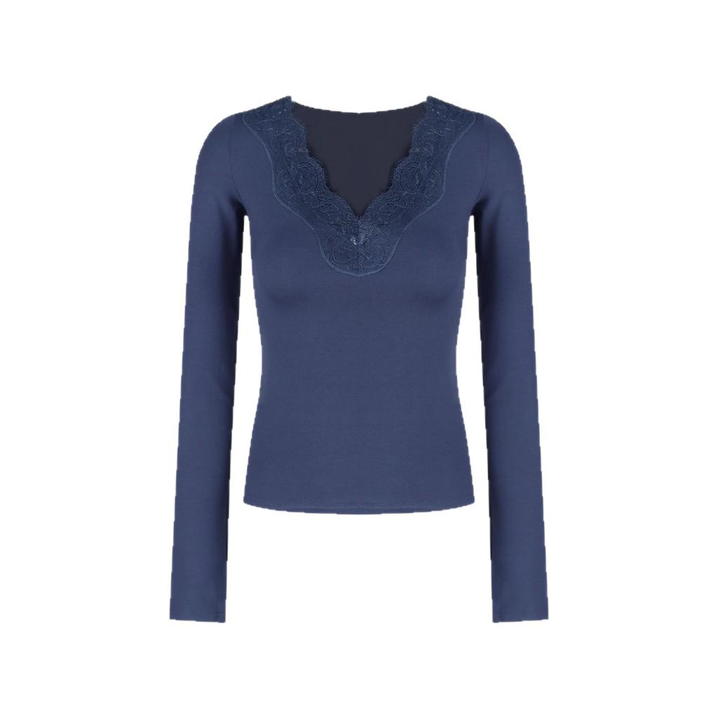 Damen Spitze Patchwork V-Ausschnitt Figurbetont Langarm T-Shirt für Herbst/Winter 2025