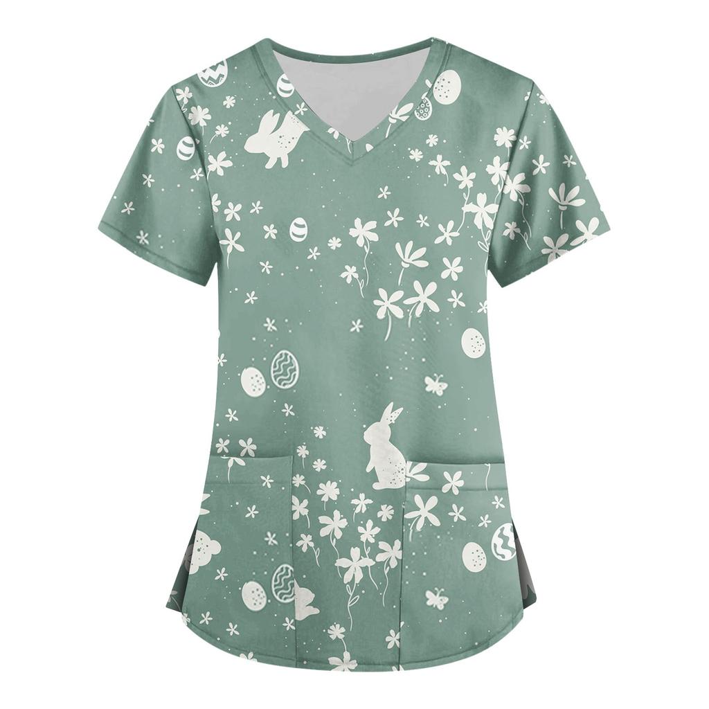 Women's Fashion V-neck Short Sleeve Workwear With Pockets Printed Tops