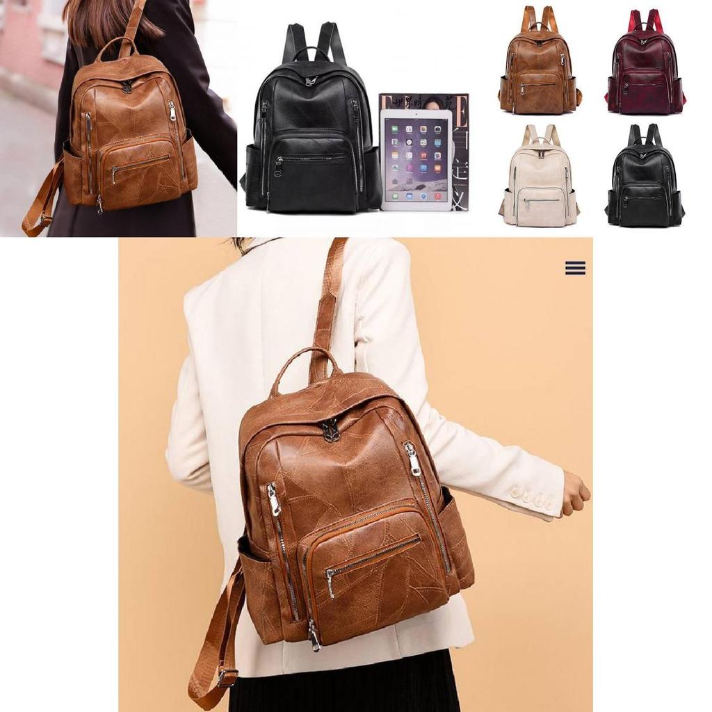 Stylish Pu Leather European Retro Casual Backpack For Women Soft Zipper Closure