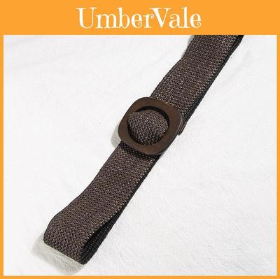 Bohemian Wide Woven Belt For Dresses With Wooden Buckle Ethnic Style For Women