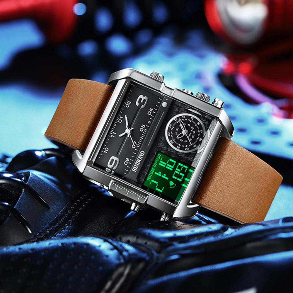 BINBOND Fashion Square Big Dial Wristwatch Three Display Quartz Watch for Men Multifunctional Sports Clock Male Wristwatch