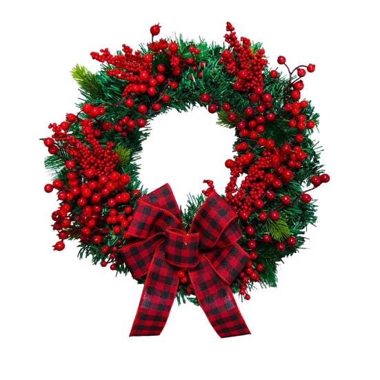 15 Inch Christmas Wreath for Front Door Artificial Greenery Wreath with Red Berries And Buffalo Plaid Bow for Holiday Indoor Outdoor Wall Farmhouse