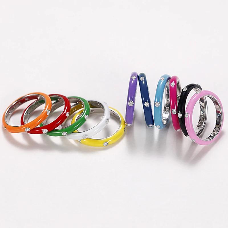 925 Silver Plated Dainty Colorful Enamel Ring Female Fashion Finger Accessories With Shiny Crystal Party Jewelry For Daily Gift