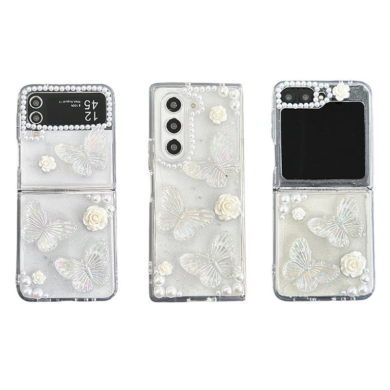 Samsung Z Flip8/ Z Fold7 Glitter Phone Case with Pearl Butterfly Flower Design