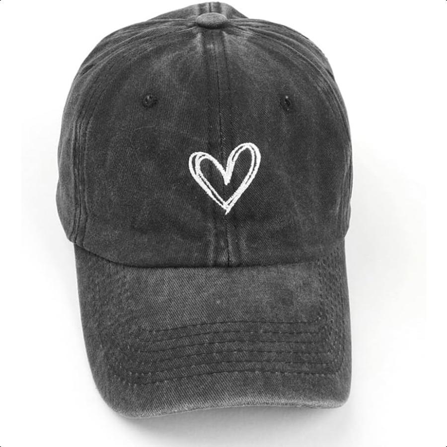 Women's  Washed Baseball Cap Cute Heart Embroidered Sun Hat Adjustable Distred Dad Caps UV Protection Summer Hats