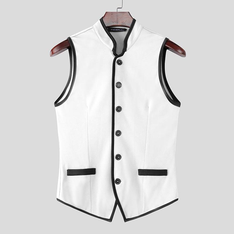 

INCERUN Men Stand Neck Sleeveless Stitching Slim Waist Thin Waistcoat Tops S белый