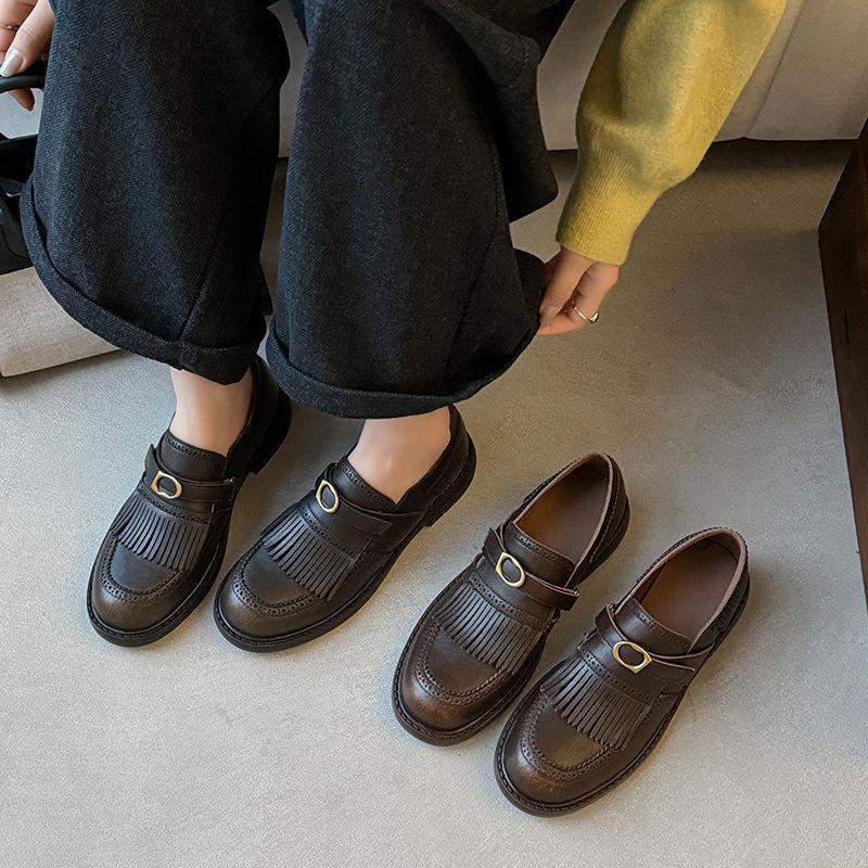 New deep mouth four-season single shoes women's comfortable cowhide single shoes solid color low heel non-slip soft sole square heel leather loafers