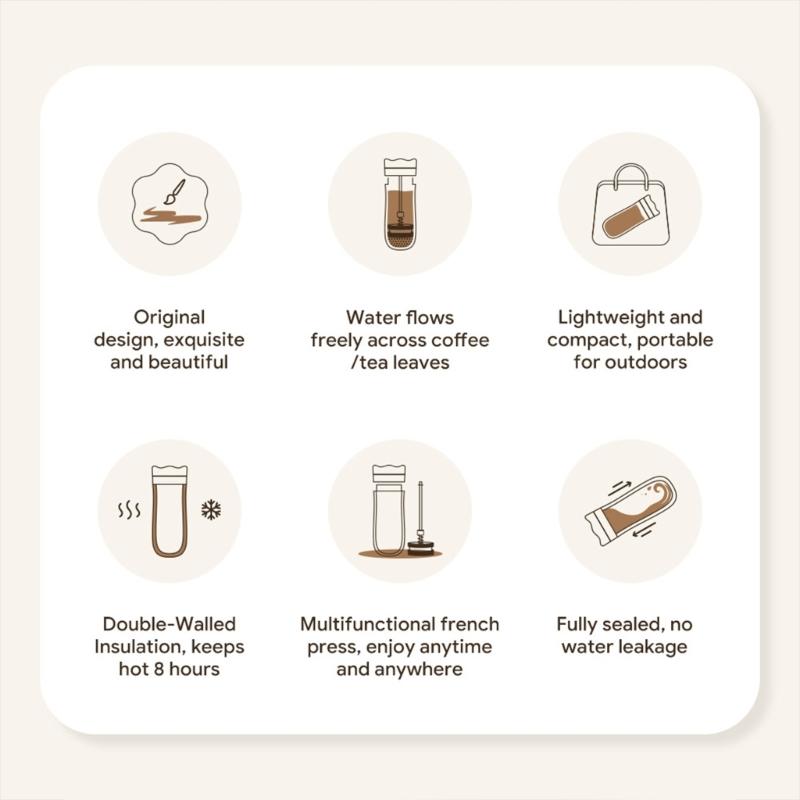 Travel Friendly Stainless Steel French Press Coffees Brewer Double Meshes Filter Vacuum Insulation French Press