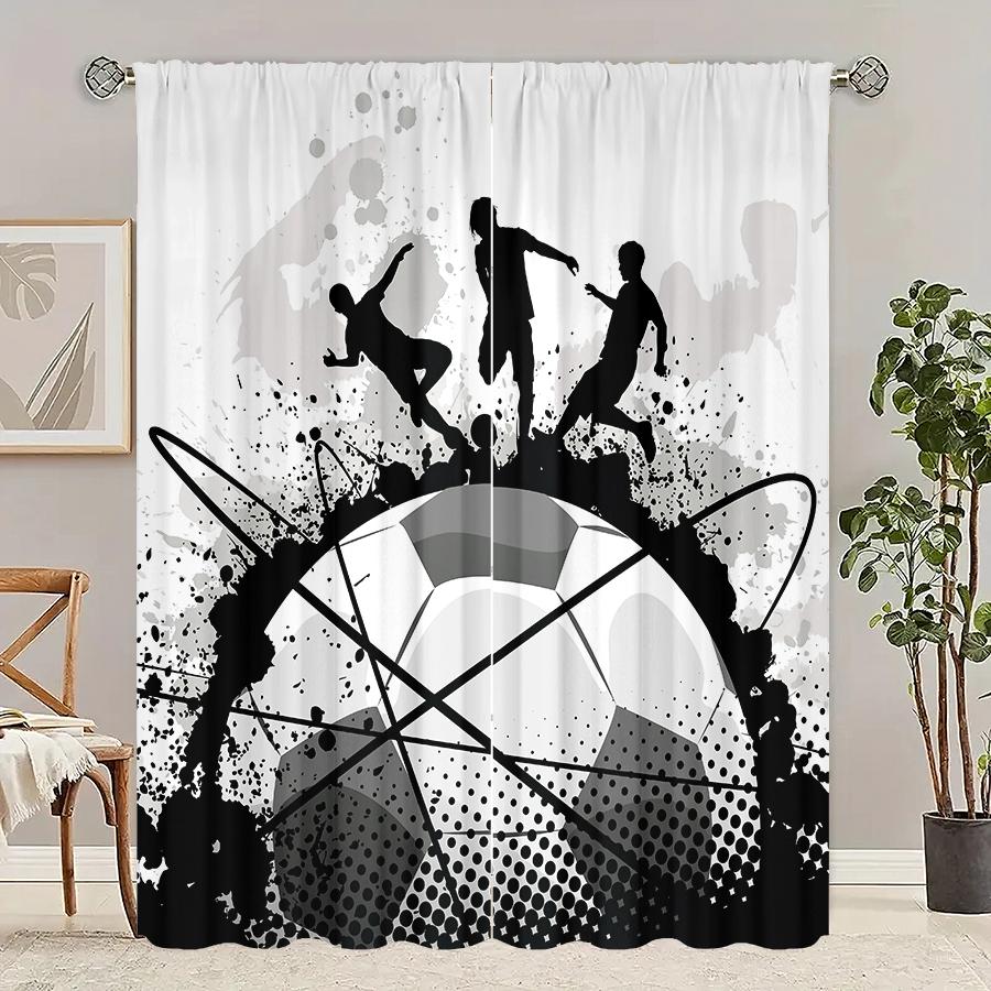 

2 Pieces Of Football Sketch Pattern Printed Curtains, Bedroom And Living Room, Home Decoration, Room Decoration 14Wx39L(35x100CM)x2&Rod Pocket