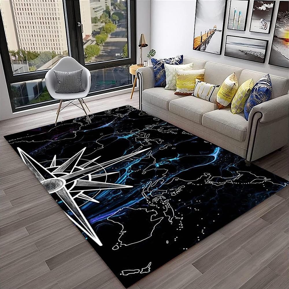 Maritimer Kompass Weltkarte Teppich Neon Kompass Druck Rutschfeste Bodenmatte Abenteuer Reise Themenmatte für Wohnzimmer Schlafzimmer