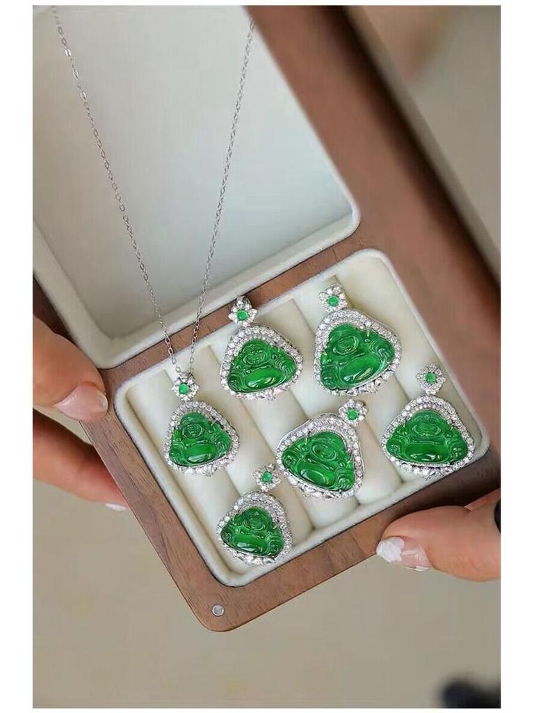 S925 Silver Pendant: Natural Jade Maitreya Buddha Necklace, Full Green Design.