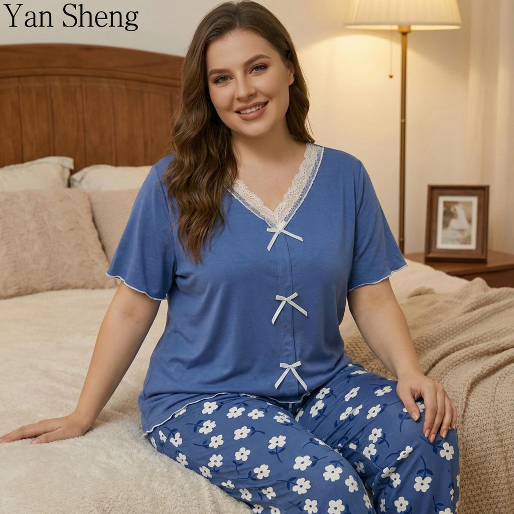 Plus Size Women Pajama Set Summer Thin Lace Print Short Sleeve Two‑Piece Bow Knit Loungewear Home Clothes