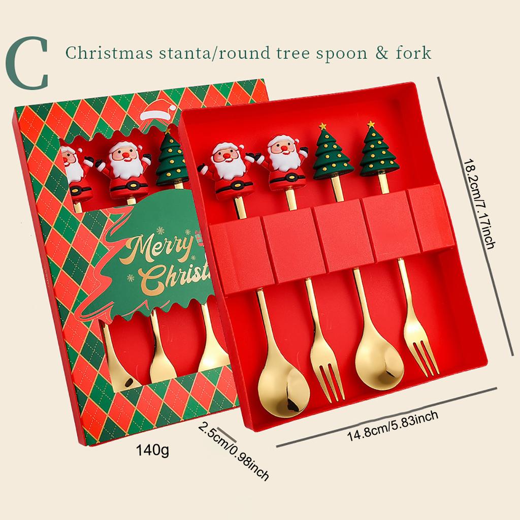 4pcs Christmas Party Dinnerware Set with Gift Box Christmas Tree Dessert Fork Spoon Cutlery Set Gold Stainless Steel Tableware