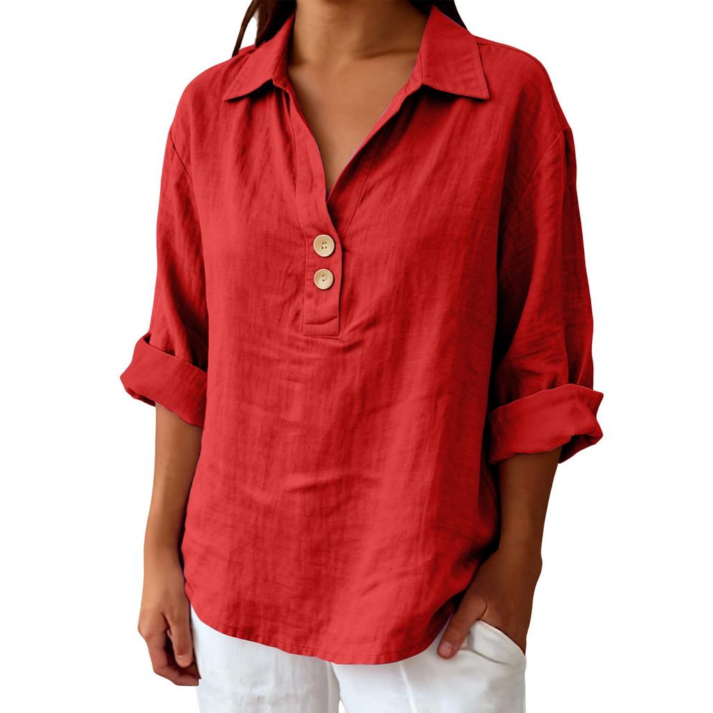 Women's Shirt Seven-Sleeve Lapel Cotton Linen Top Solided Color Casual Breathable Lapel Shirt