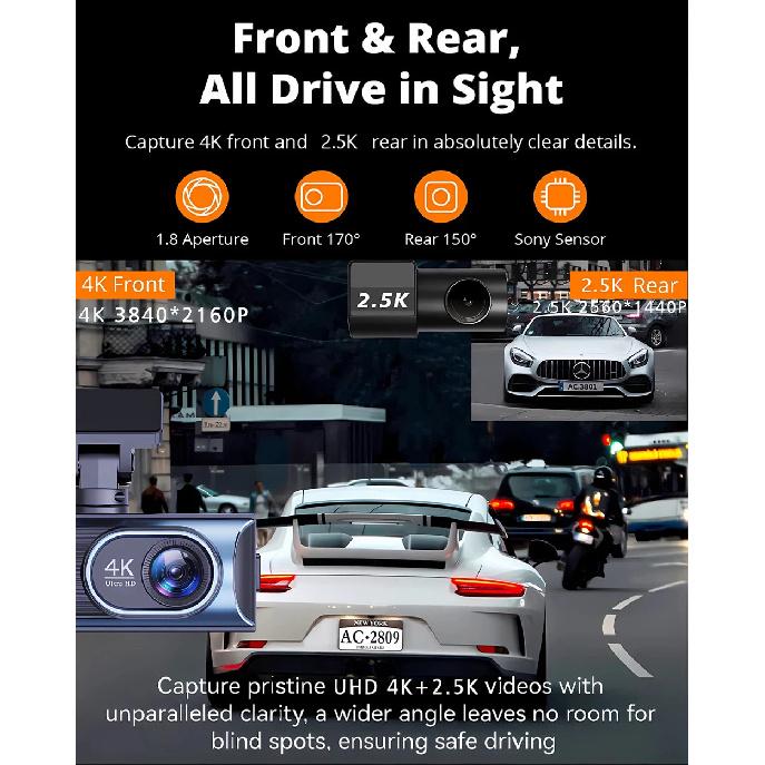 4K WIFI Dash Cam GPS 2160P Car DVR Front And 2.5K Rear Dual Lens Auto Car Camera With WDR Night Vision Black Box 24H Parking