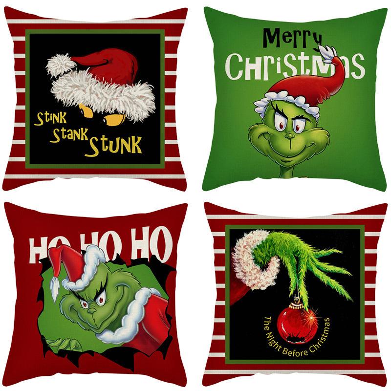 New Funny Designs and Popular Christmas Green Haired Weird Grinch Linen Pillowcase Living Room Bedroom Backrest Cover