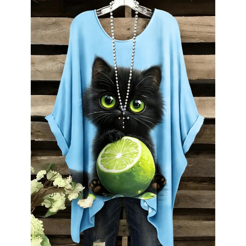 Elegant bohemian resort style large size simple lemon cat pattern print irregular hem round neck T-shirt
