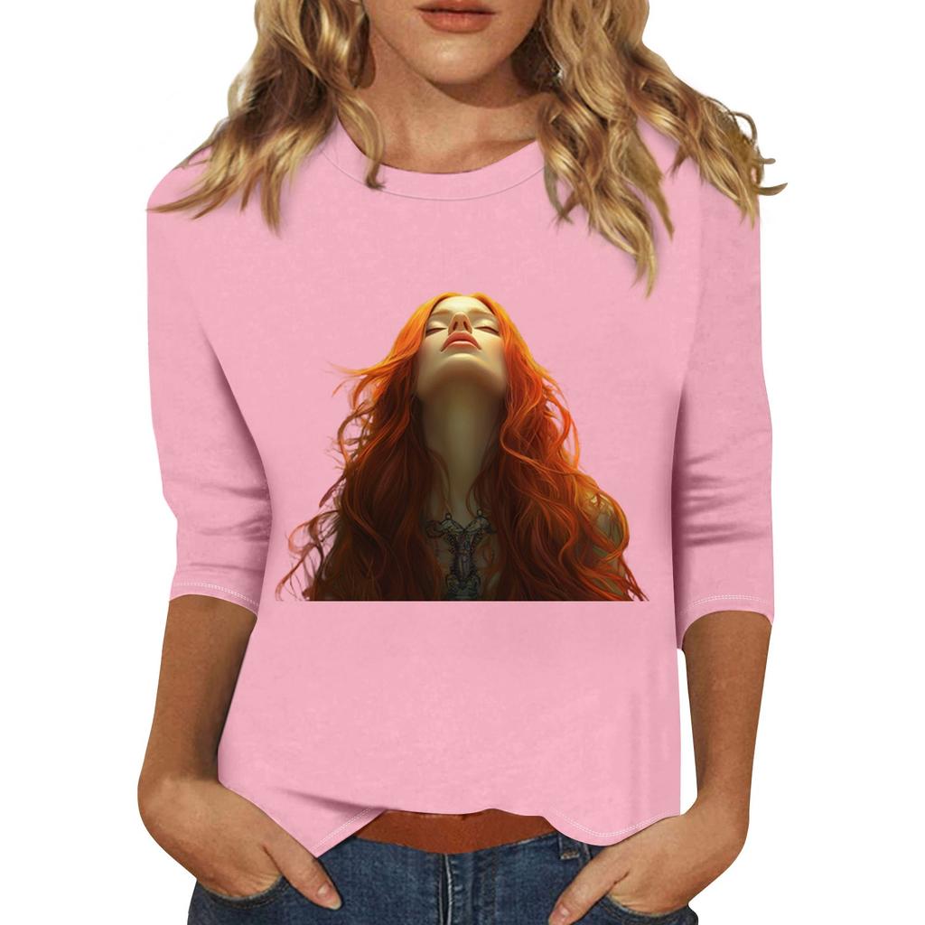 Women's Fashion Casual Three-quarter Sleeve Character Printed Round Neck Pullover Top