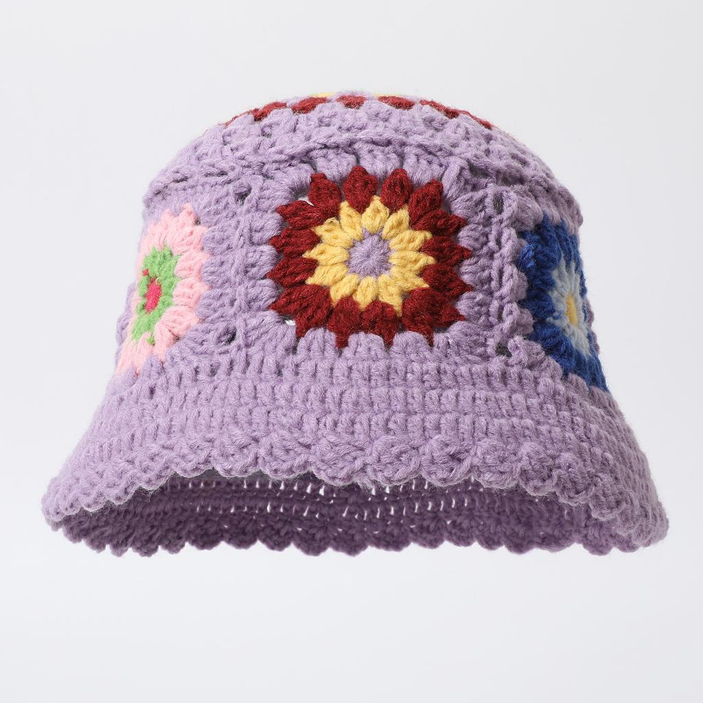 Chapéu de Tricô Feito à Mão Huejado com Flores Coloridas Misturadas Estilo Mori Nicho Versátil Retro para Viagem de Primavera e Outono para Mulheres