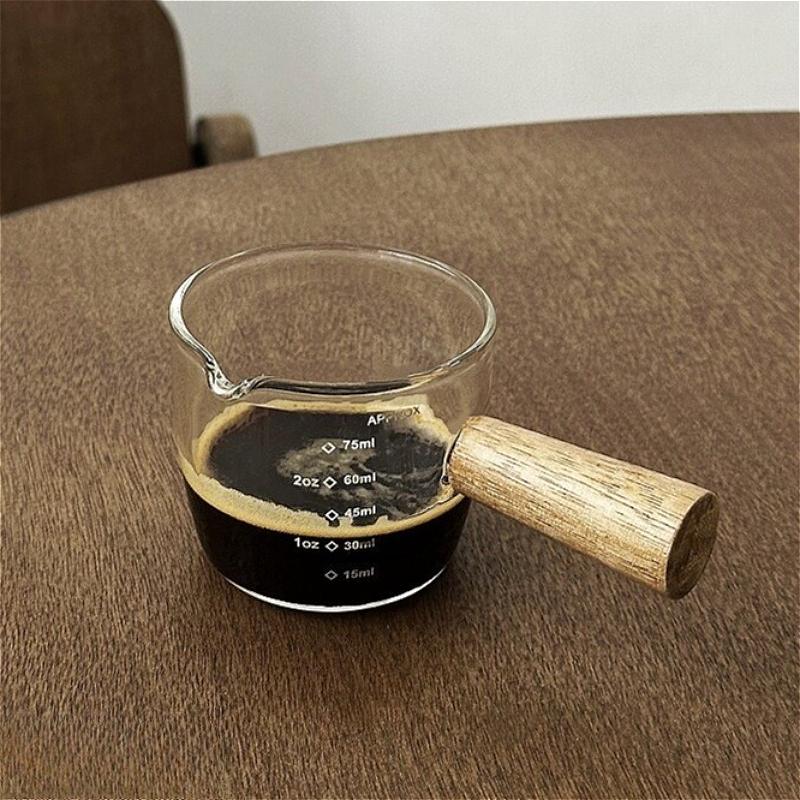 75ml/210ml Glass Measuring Cup with Wood Handle Espresso Measuring Cup Single/Double Mouth Milk Coffee Clear Mug Coffee Supplies