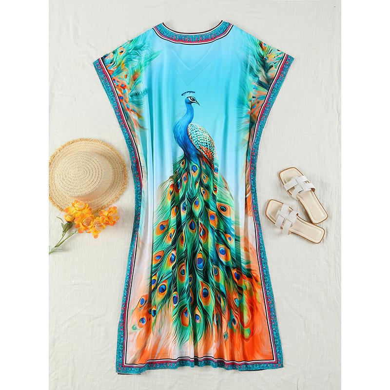 EDOLYNSA Elegant Plus Size Women Peacock Printed Boho Kaftan 2024 Summer V-Neck Bat Sleeve Beach Dress Swim Suit Cover Up House Dress Q1674