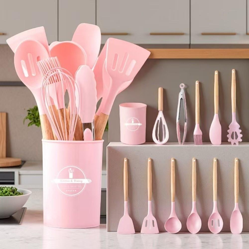 12pcs Wooden Handle Non-Stick Cookware Set Silicone Soup Spoon Baking Shovel  Kitchen Use