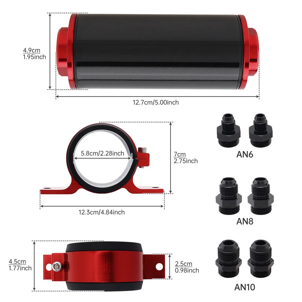 Kraftstofffilter-Kit aus Aluminiumlegierung mit 6AN 8AN 10AN Adaptern 50MM Universelle Montagehalterung Rot Schwarz Automobil