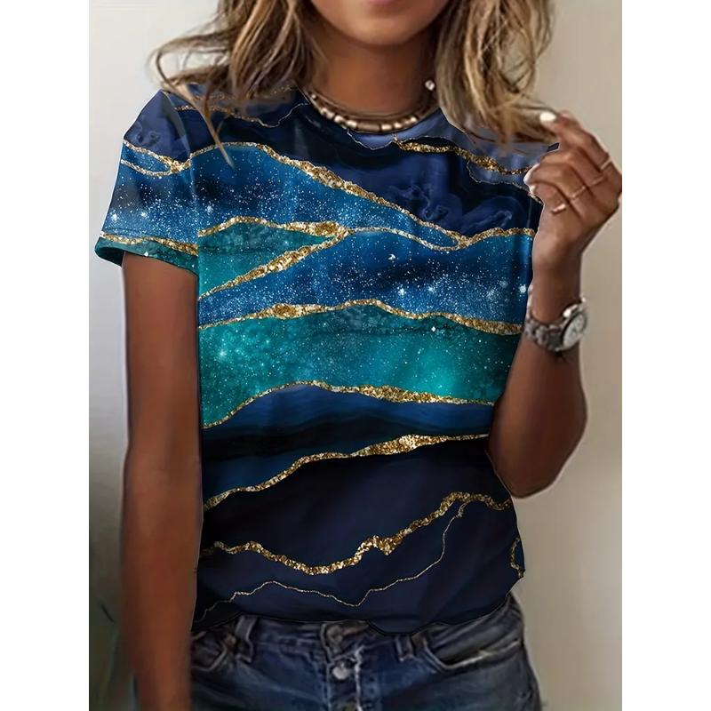 Fashion Women's Crew Neck Short Sleeve 3D Casual Color Printing Casual Short Sleeve Crew Neck T-Shirt